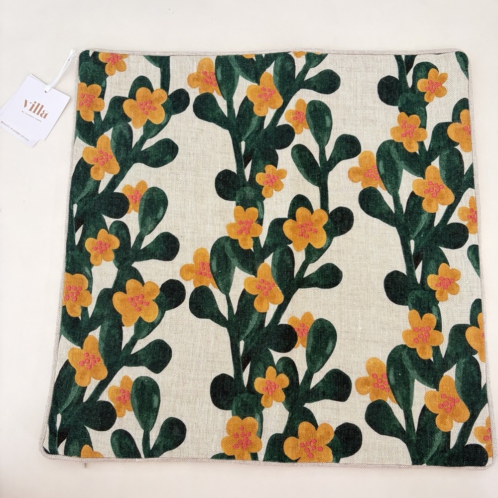 Villa By Classic Home Joplin Ivy Pillow‎ Cover Natural 18"x18" Linen NWT Green